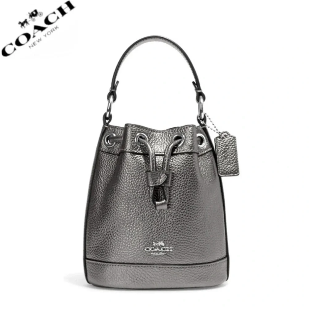 NWT COACH DEMPSEY DRAWSTRING BUCKET BAG 15 IN SILVER/METALLIC GUNMETAL CROSSBODY